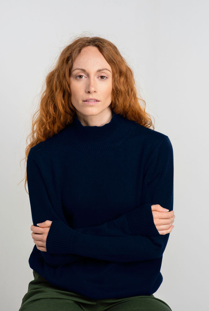 Women’s Navy High Neck Alpaca Cotton Jumper